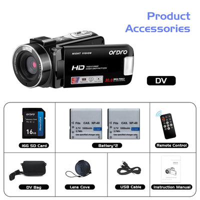 ORDRO Full HD 1080P 30MP Camcorder 18-facher Digitalzoom IR-Nachtsicht YouTube-Videokamera 3,0 Zoll 270° drehbarer Bildschirm mit 16 GB Karte und 2 Akkus Vlogging-Kamera (Schwarz)