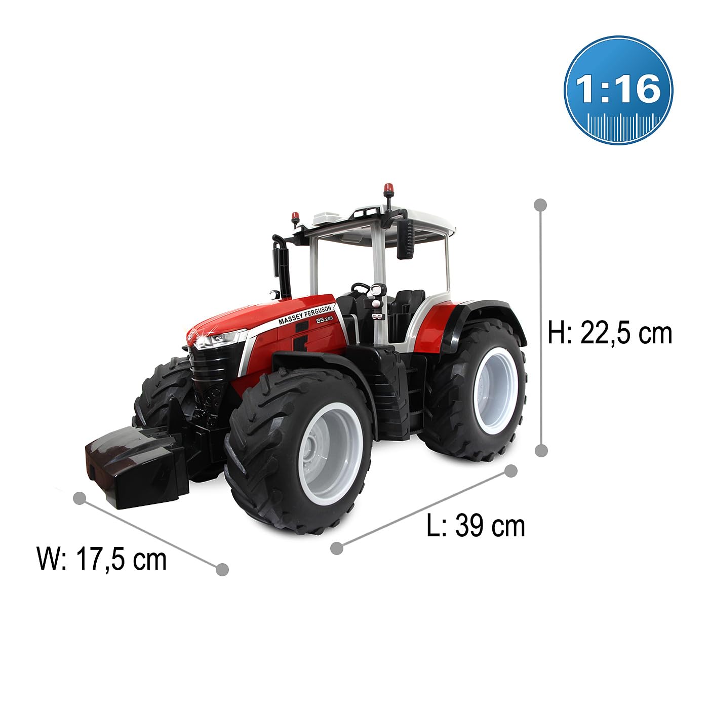 JAMARA Massey Ferguson 8S.285 1:16 2,4Ghz - RC Traktor, Motorsound (abschaltbar), Rückfahrwarnsound, Abschaltfunktion, 2 Radantrieb, Gummireifen, helle LED, Blinker, Demo Funktion