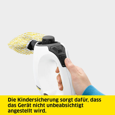 Kärcher Dampfreiniger SC 1, Dampfdruck: 3 bar, Aufheizzeit: 3 min., Leistung: 1.200 W, Flächenleistung: 20 m², Tank: 200 ml, mit Hand-, Punktstrahl- und Powerdüse, Mikrofaser-Überzug und Rundbürste