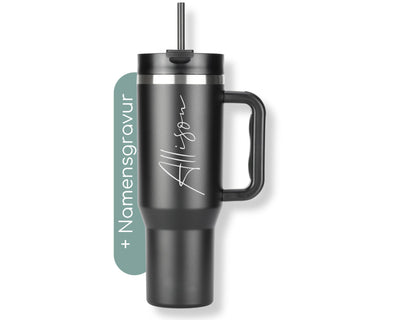 Milu Thermobecher 1200ml mit Strohhalm und Henkel – 48h Eis/24h kalt/12h heiß Edelstahl Tumbler 40oz mit Griff - Isolierbecher to go - Isolierflasche Trinkflasche doppelwandig isoliert (Gravur, 1,2L)