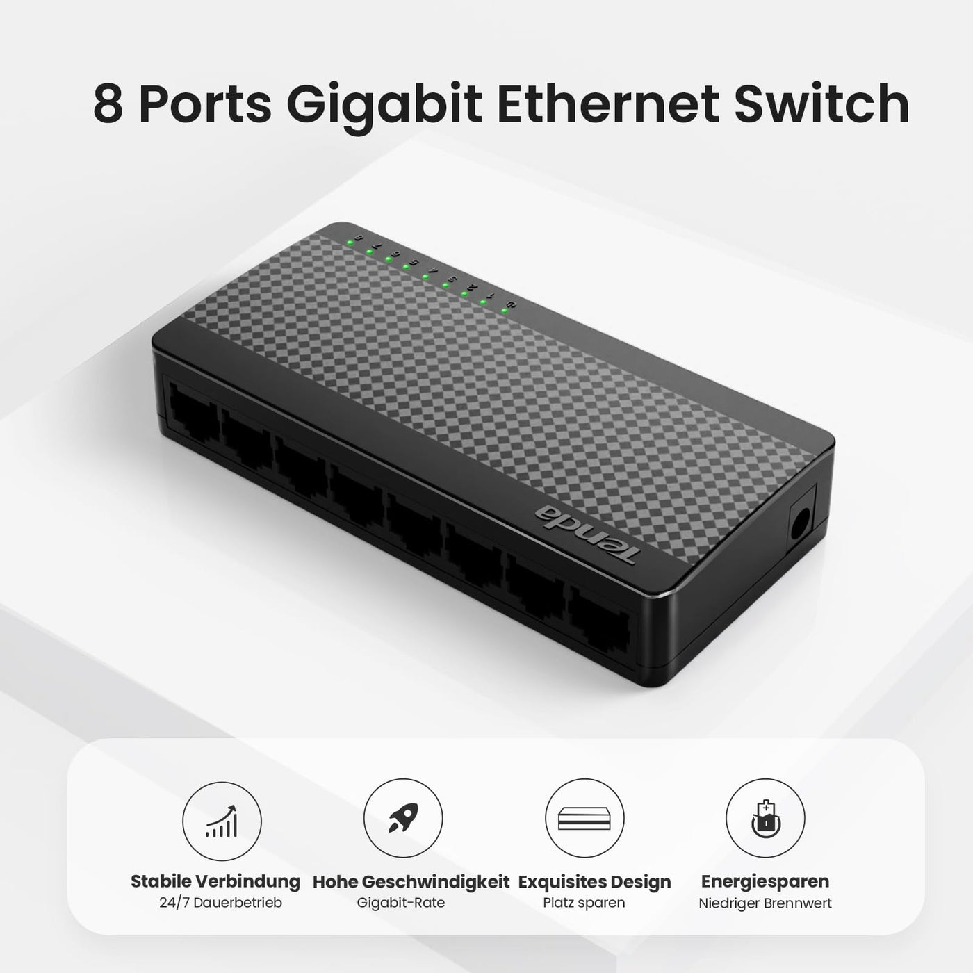 Tenda Netzwerk Switch 8 Port Gigabit LAN Switch, LAN Splitter, LAN Verteiler (Plug-and-Play, Lüfterlos, Unmanaged, Schwarz)(SG108 V4.0)