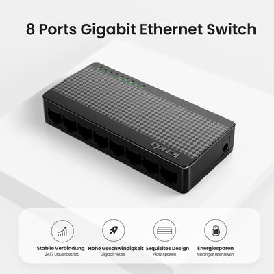 Tenda Netzwerk Switch 8 Port Gigabit LAN Switch, LAN Splitter, LAN Verteiler (Plug-and-Play, Lüfterlos, Unmanaged, Schwarz)(SG108 V4.0)