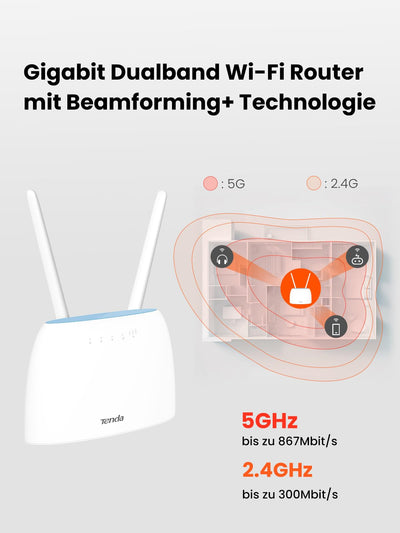 Tenda 4G09 4G LTE WLAN Router für SIM Karten (CAT6 AC1200 Dualband 2,4GHz: 300Mbit/s+5GHz: 867Mbit/s, 150 Mbit/s im Download) 2-Gigabit-Port, Plug & Play, 2 Abnehmbare Antennen, MU-MIMO, IPv6, Weiß