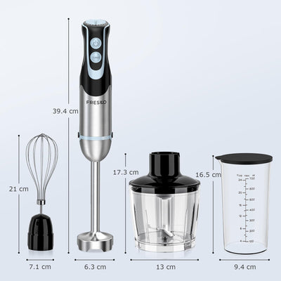 FRESKO 4-in-1 Stabmixer Edelstahl, 1000W Pürierstab mit 12 Geschwindigkeiten und Turbo-Modi, Inklusive Schneebesen, 500ml Lebensmittelhacker und 700ml Messbecher, für Babynahrung, Suppe, Smoothies