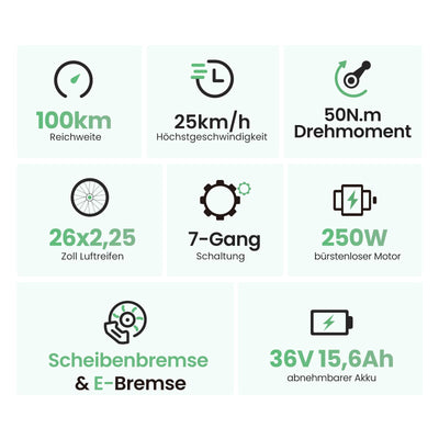 Touroll B2 26 Zoll City E-Bike mit 250W 50N.M Motor und 36V 561.6Wh Abnehmbarem Akku Pedelec Cityräder Elektrofahrrad, 25KM/H, Reichweite 100km, Ebikes für Erwachsene Herren und Damen Stadtpendler
