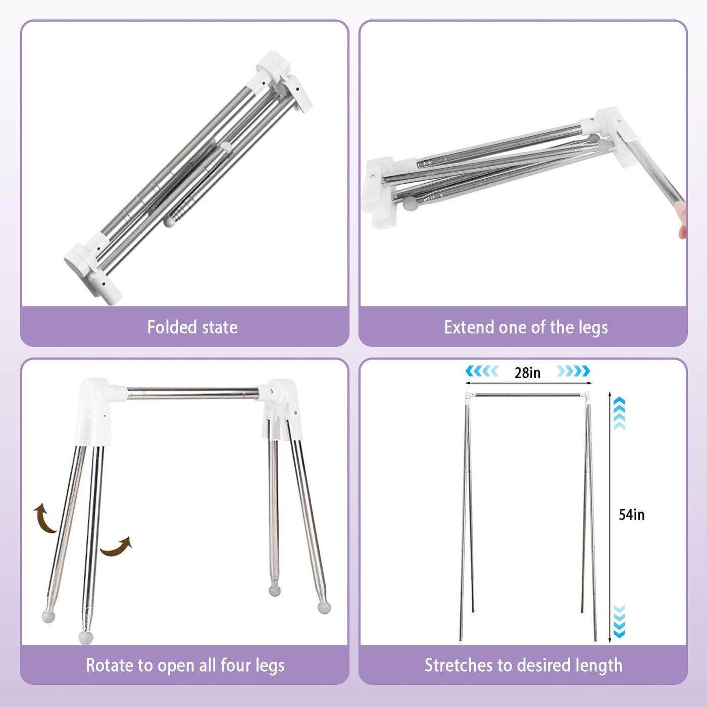 JABNOW Tragbarer Kleiderständer Klappbar,13-28 Zoll Teleskop Wäscheständer Mit 2 Klappbügeln,Verstellbarer Reise kleiderständer,Wäscheständer Klein Klappbar aus Edelstahl für Reisen,Camping,Zuhause