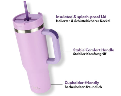 Milu Thermobecher 1200ml mit Strohhalm und Henkel – 48h Eis/24h kalt/12h heiß Edelstahl Tumbler 40oz mit Griff - Isolierbecher to go - Isolierflasche Trinkflasche doppelwandig isoliert (Lilac, 1200ml)