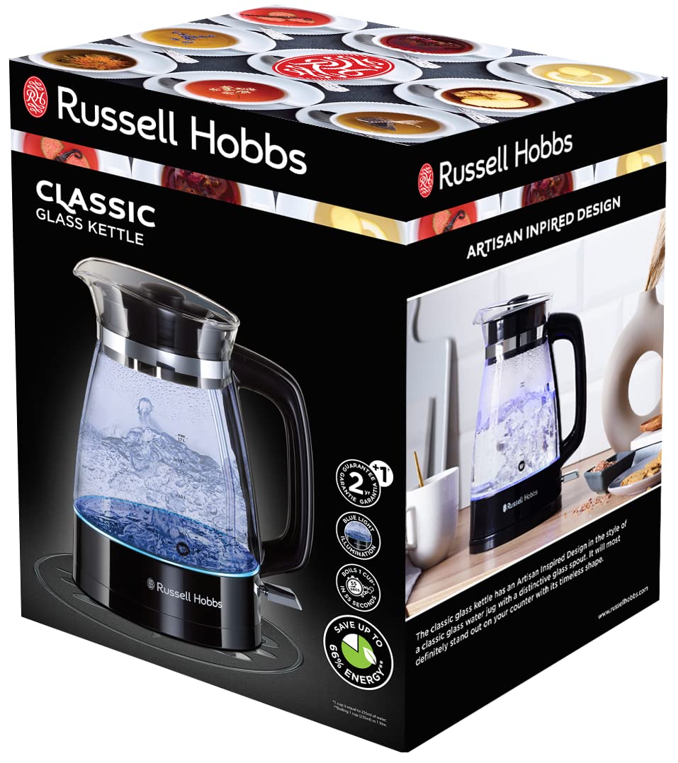 Russell Hobbs Wasserkocher [1,7l, 2400W, optimierte Design-Ausgusstülle aus Glas, LED-Beleuchtung] Classic Design (Schnellkochfunktion, abnehmbarer Deckel, Kalkfilter,Boden aus Edelstahl)26080-70