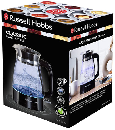 Russell Hobbs Wasserkocher [1,7l, 2400W, optimierte Design-Ausgusstülle aus Glas, LED-Beleuchtung] Classic Design (Schnellkochfunktion, abnehmbarer Deckel, Kalkfilter,Boden aus Edelstahl)26080-70