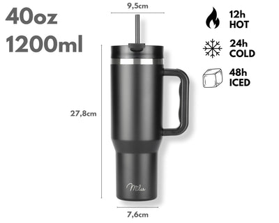 Milu Thermobecher 1200ml mit Strohhalm und Henkel – 48h Eis/24h kalt/12h heiß Edelstahl Tumbler 40oz mit Griff - Isolierbecher to go - Isolierflasche Trinkflasche doppelwandig isoliert (Schwarz, 1,2L)