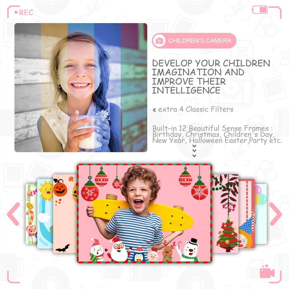 Kinderkamera - Digitalkamera, mit 3,5-Zoll-Großbildschirm 1080P HD 12MP Eingebaute 32GB SD-Karte USB Wiederaufladbare Selfie Kamera für 3-10 Jahre Alter Mädchen Geburtstag Kinder Spielzeug, Rosa