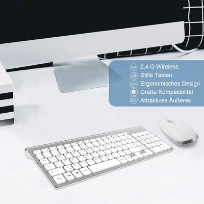Tastatur Maus Set Kabellos - 2.4Ghz USB Funk Tastatur QWERTZ (Deutsch) Layout Ergonomisch Klein Maus Ultra-Dünne Wireless Keyboard Mouse für Computer/Desktop/PC/Laptop/Smart TV/Windows- Weiß Silber