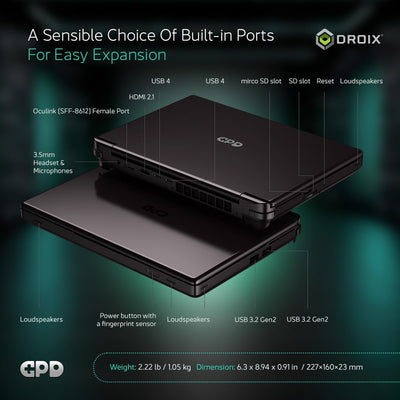 GPD Win MAX 2 2025 Handheld-Gaming-PC mit AMD Ryzen AI 9 HX 370, Radeon 890M GPU, 32GB RAM, 2TB SSD, OcuLink, 10,1“ IPS-Display, Gaming-Steuerung, Tastatur und Touchpad