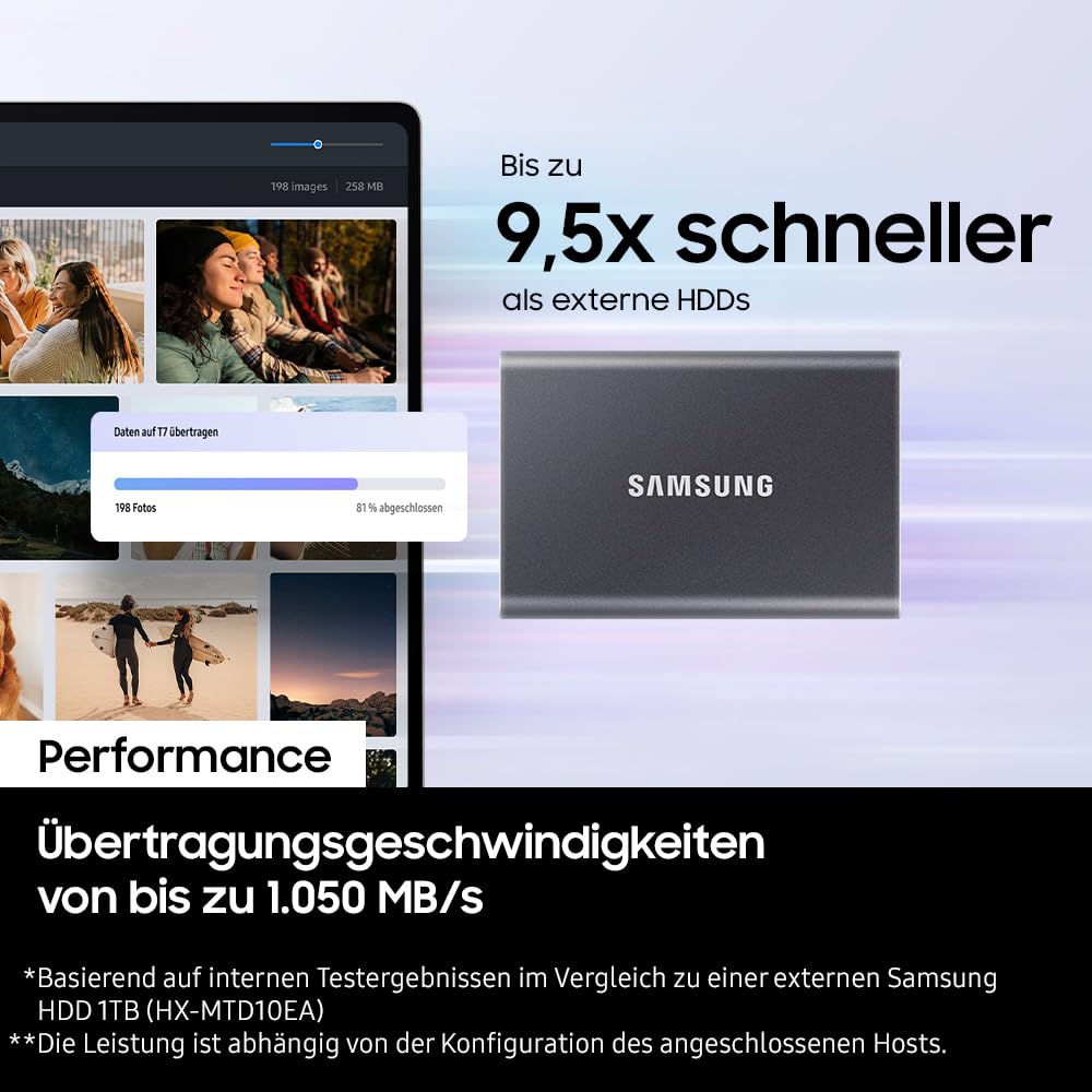 Samsung Portable SSD T7, SSD 4 TB, USB 3.2 Gen.2, 1.050 MB/s Lesen, 1.000 MB/s Schreiben, Externe SSD-Festplatte für iPhone, Mac, PC, Smartphone und Spielkonsole, Grau, MU-PC4T0T/WW