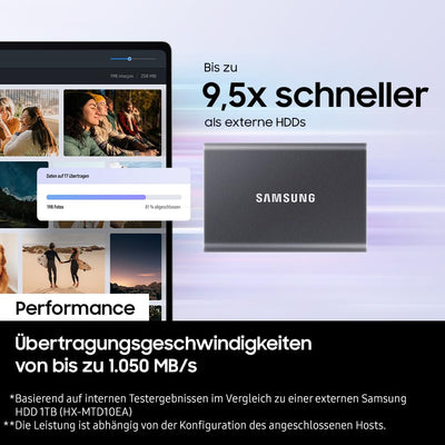 Samsung Portable SSD T7, SSD 4 TB, USB 3.2 Gen.2, 1.050 MB/s Lesen, 1.000 MB/s Schreiben, Externe SSD-Festplatte für iPhone, Mac, PC, Smartphone und Spielkonsole, Grau, MU-PC4T0T/WW