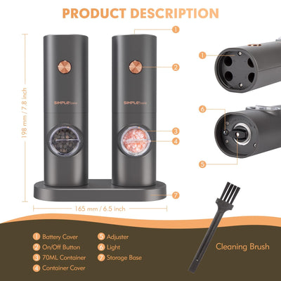 Salz und Pfeffer Mühle Elektrische, SIMPLETASTE 2er Set Gewürzmühlen Batteriebetrieb mit 4 AAA Einstellbarem Keramikmahlwerk