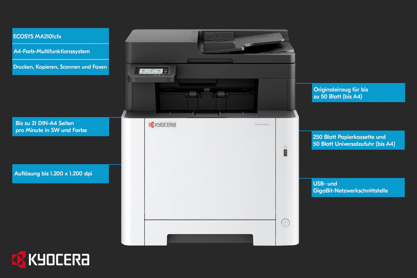 Kyocera Ecosys MA2101cfx Farblaserdrucker Multifunktionsgerät. Drucker Scanner Kopierer, Faxgerät. Multifunktionsdrucker inkl. LAN, USB 2.0 und Mobile-Print-Funktion