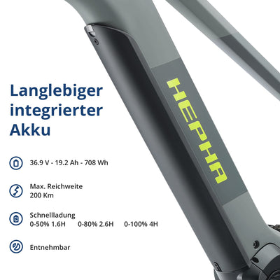 HEPHA E-Bike Trekking 7 Performance, 90Nm Mittelmotor (Upgrade AUF 100NM), 708Wh abnehmbar Akku (bis zu 200Km), APP, 10-Gang, Federgabel 63mm, 27.5 Zoll, LTD(Lowstep, Dark Grey, L-49cm)