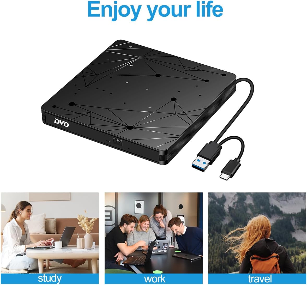 LMEN Externes CD DVD Laufwerk Extern mit USB 3.0 DVD für Laptop PC Computer Tragbar Externes DVD Laufwerk CD-ROM Brenner Extern mit niedrigem Lärm für Windows 11/10/7/8/XP Mac MacBook