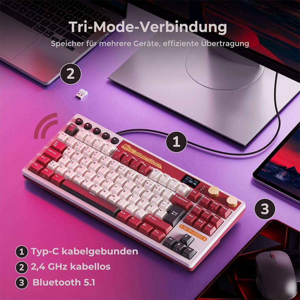 RK ROYAL KLUDGE M87 Mechanische Tastatur Kabellos mit Display und Doppelknopf, Gasket 75% Gaming Tastatur TKL, QWERTZ Bluetooth/2.4Ghz/USB-C RGB QMK/VIA, 7500 mAh, Hot Swap Linear Creamy Switches
