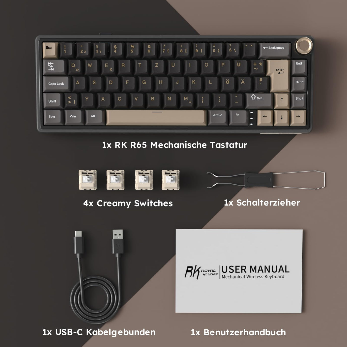 RK ROYAL KLUDGE R65 Mechanische Tastatur Kabellos, 60% Prozent Gaming Tastatur QWERTZ Gasket RGB mit Knopf und PBT Tastenkappen, Bluetooth/2.4G/USB-C QMK/VIA, Hot Swap Linearer Creamy Switches