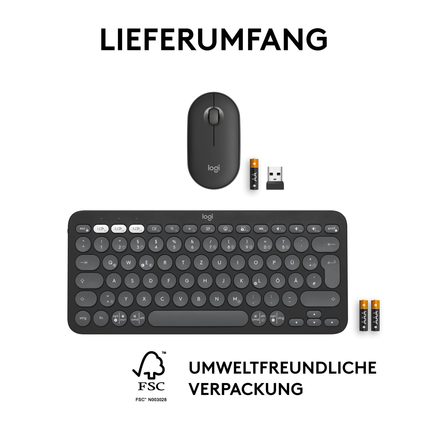 Logitech Pebble 2 Combo, kabellose Tastatur und Maus, leise und mobil, anpassbar, Logi Bolt, Bluetooth, Easy-Switch für Windows, macOS, iPadOS, Chrome, Deutsches QWERTZ-Layout, Grafit