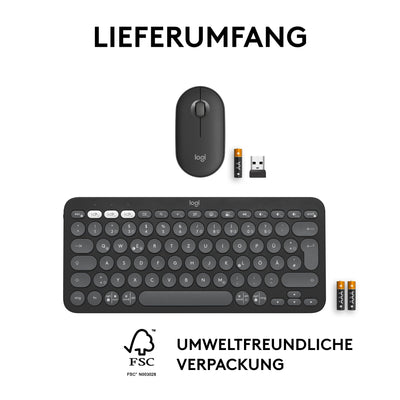 Logitech Pebble 2 Combo, kabellose Tastatur und Maus, leise und mobil, anpassbar, Logi Bolt, Bluetooth, Easy-Switch für Windows, macOS, iPadOS, Chrome, Deutsches QWERTZ-Layout, Grafit