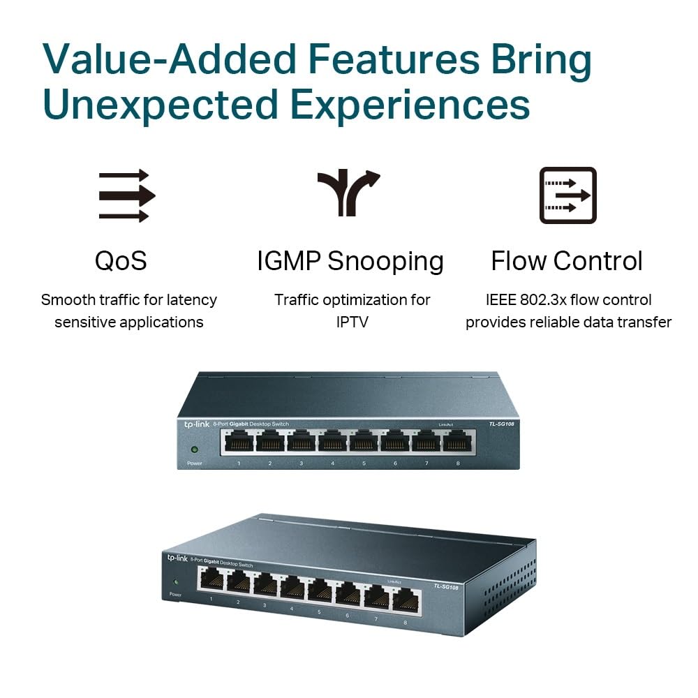 TP-Link TL-SG108 8-Port Gigabit Netzwerk Switch (Plug-and-Play, 8* RJ-45 LAN Ports, Metallgehäuse, IGMP-Snooping, unmanaged, lüfterlos) blau metallic