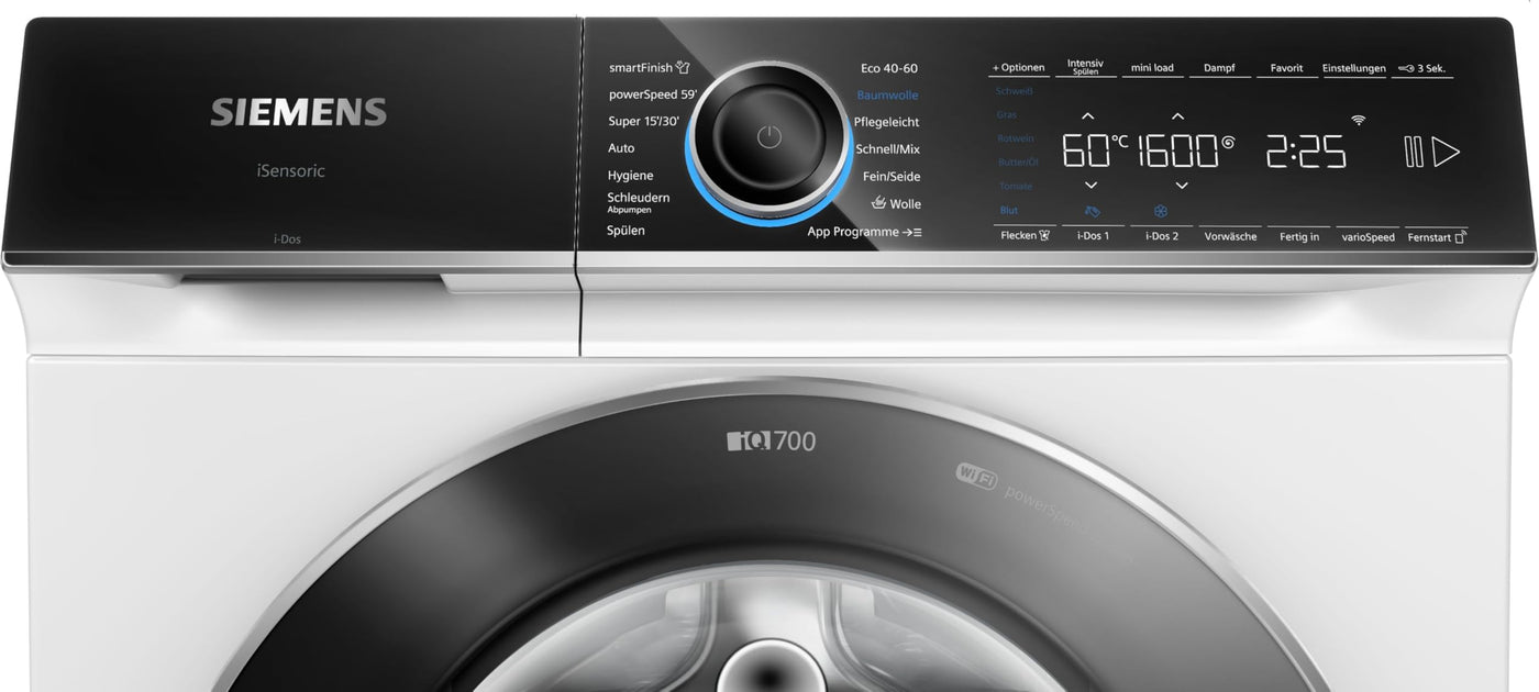Siemens WG56B2A41, iQ700, Smarte Waschmaschine 10 kg, 1600 UpM, Made in Germany, i-Dos, Antiflecken-System, smartFinish Bügelhilfe, schneller Waschen mit speedPack XL, Mini load für Einzelteile