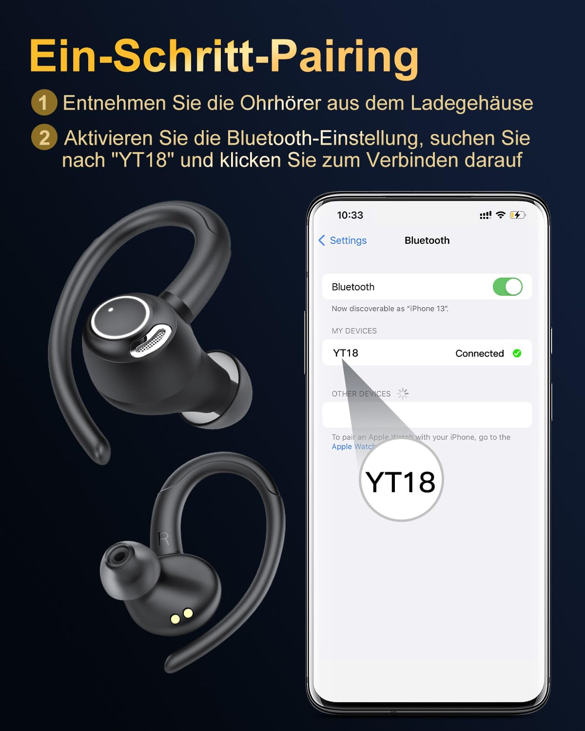 Jesebang Bluetooth Kopfhörer Sport, in Ear Kopfhörer Kabellos Bluetooth 5.3 mit HD Mic, Herausragender Sound, 40 Std Spielzeit, Comfort Fit, Dual LED-Anzeige, IP7 Wasserdicht Ohrhörer mit Ohrhaken