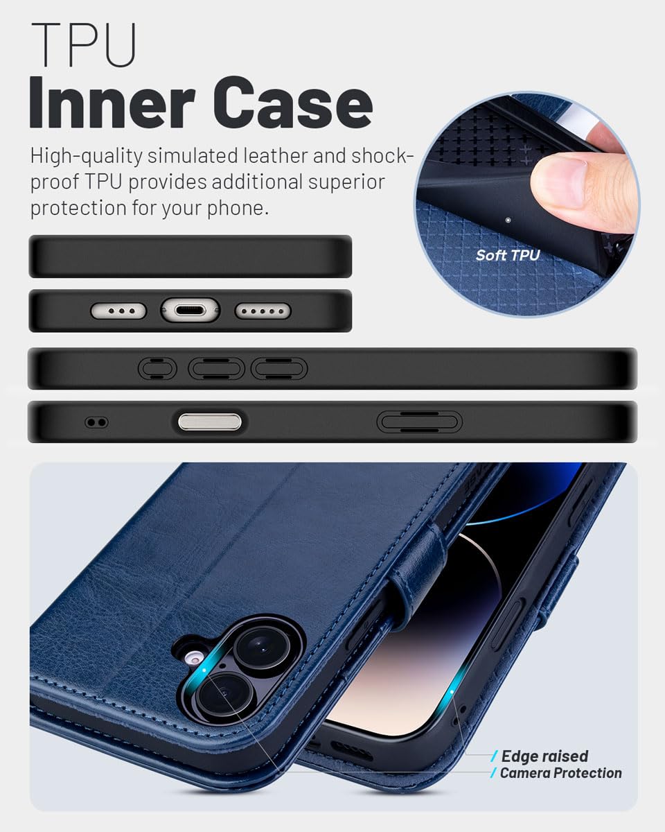OCASE iPhone 16 Plus Hülle Handyhülle Premium PU Leder, Kartenfach Standfunktion, RFID Blhutzhülle Klapphülle Handytasche Lederhülle Kompatibel für iPhone 16 Plus (6,7 Zoll) Blau
