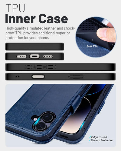 OCASE iPhone 16 Plus Hülle Handyhülle Premium PU Leder, Kartenfach Standfunktion, RFID Blhutzhülle Klapphülle Handytasche Lederhülle Kompatibel für iPhone 16 Plus (6,7 Zoll) Blau