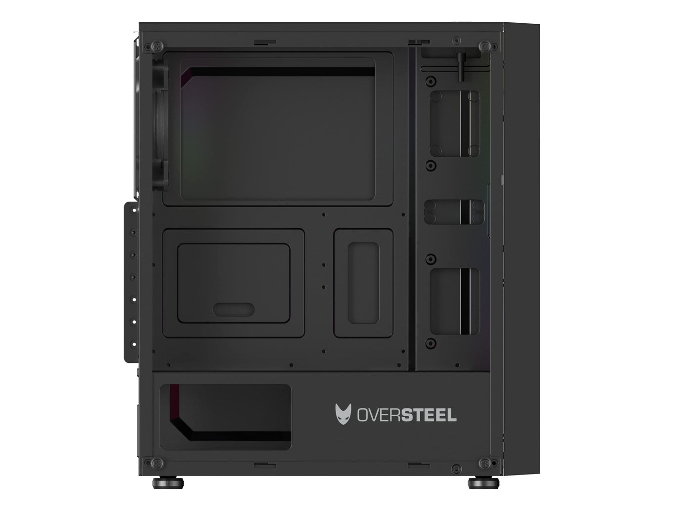 Oversteel - Iridium Gaming PC Gehäuse Kompatibel mit ATX, Micro ATX und ITX Boards, 120mm A-RGB Lüfter, Mesh Front, 2 Staubfilter, gehärtetes Seitenglas, USB 3.0, Schwarz