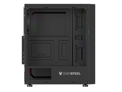 Oversteel - Iridium Gaming PC Gehäuse Kompatibel mit ATX, Micro ATX und ITX Boards, 120mm A-RGB Lüfter, Mesh Front, 2 Staubfilter, gehärtetes Seitenglas, USB 3.0, Schwarz