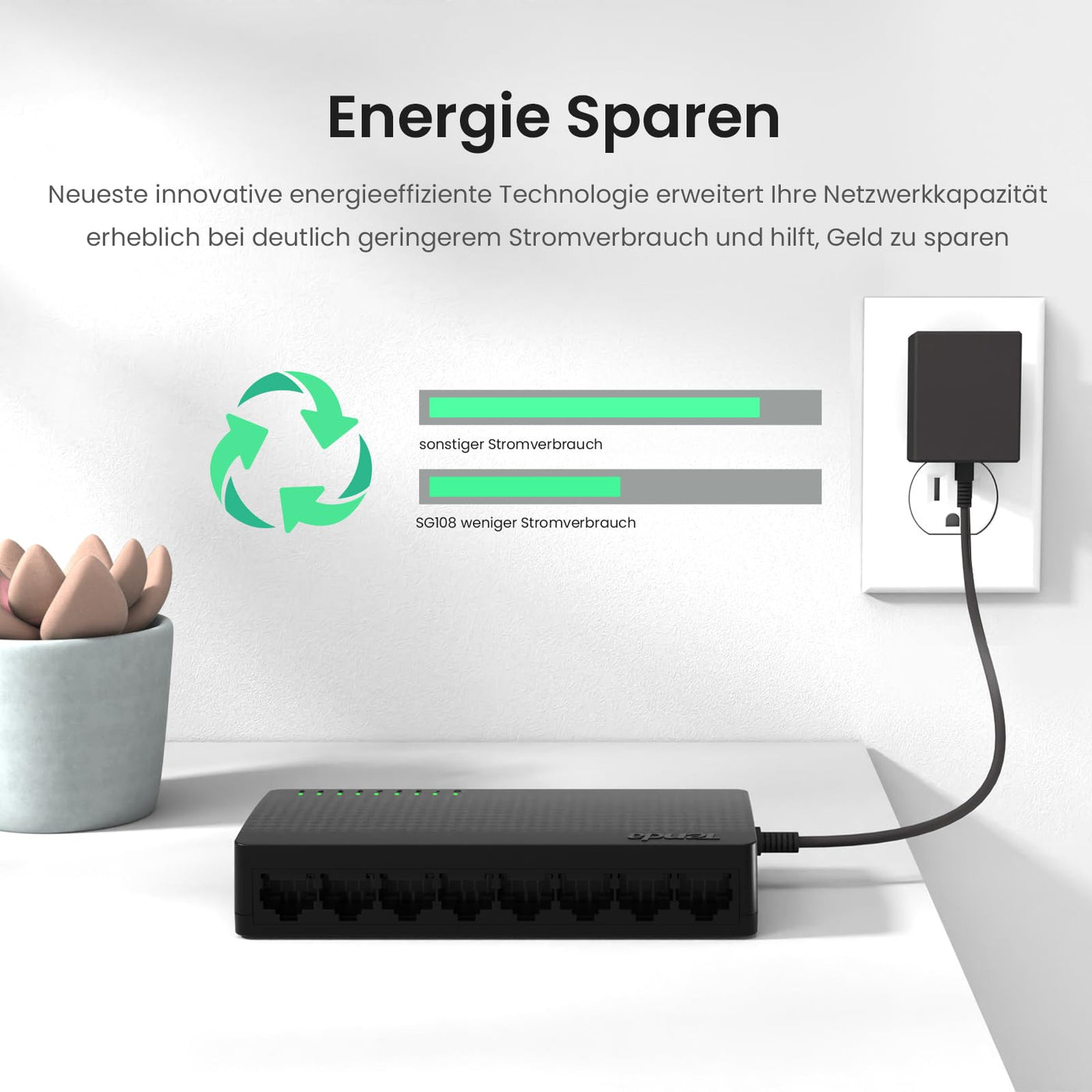 Tenda Netzwerk Switch 8 Port Gigabit LAN Switch, LAN Splitter, LAN Verteiler (Plug-and-Play, Lüfterlos, Unmanaged, Schwarz)(SG108 V4.0)