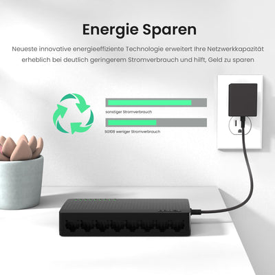 Tenda Netzwerk Switch 8 Port Gigabit LAN Switch, LAN Splitter, LAN Verteiler (Plug-and-Play, Lüfterlos, Unmanaged, Schwarz)(SG108 V4.0)