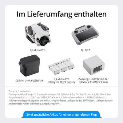 DJI Mini 4 Pro Fly More Combo mit DJI RC 2 Fernsteuerung (Bildschirmfernsteuerung), faltbare Mini-Drohne mit 4K-Kamera, unter 249g, 34 Minuten Flugzeit, 2 zusätzliche Akkus, Klasse-C0
