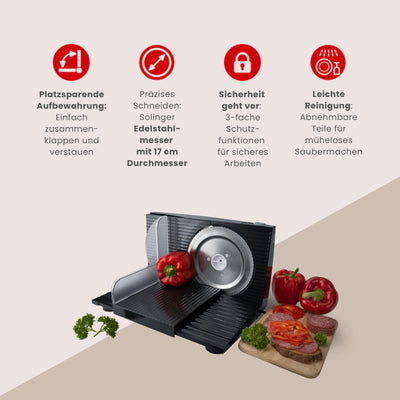 Steba Allesschneider, platzsparend, Made in EU, Edelstahlmesser, Schnittstärke bis 17mm einstellbar, doppelter Sicherheitsschalter, inkl. Handschutz, AS100