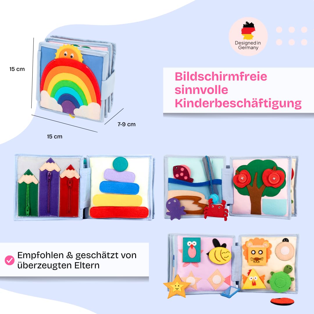 Jolly Designs – Mini Quiet Book Sonnenschein – Montessori Spielzeug ab 18 Monaten – Motorik & Kreativität fördern – Busy Book aus Filz – Handgefertigtes Filzbuch – Perfekt für unterwegs & Reisen