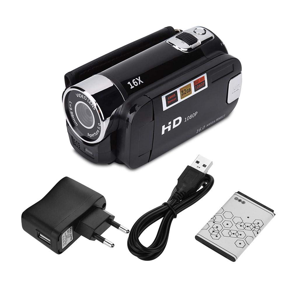 Focket Digitaler Camcorder, HD-Camcorder, Full-HD-Rotation, 270 °, 1080p, 16 x, tragbare DV-Videokamera mit Display von 6,9 cm (2,7 Zoll), für Camping zu Hause (EU-Stecker, schwarz)