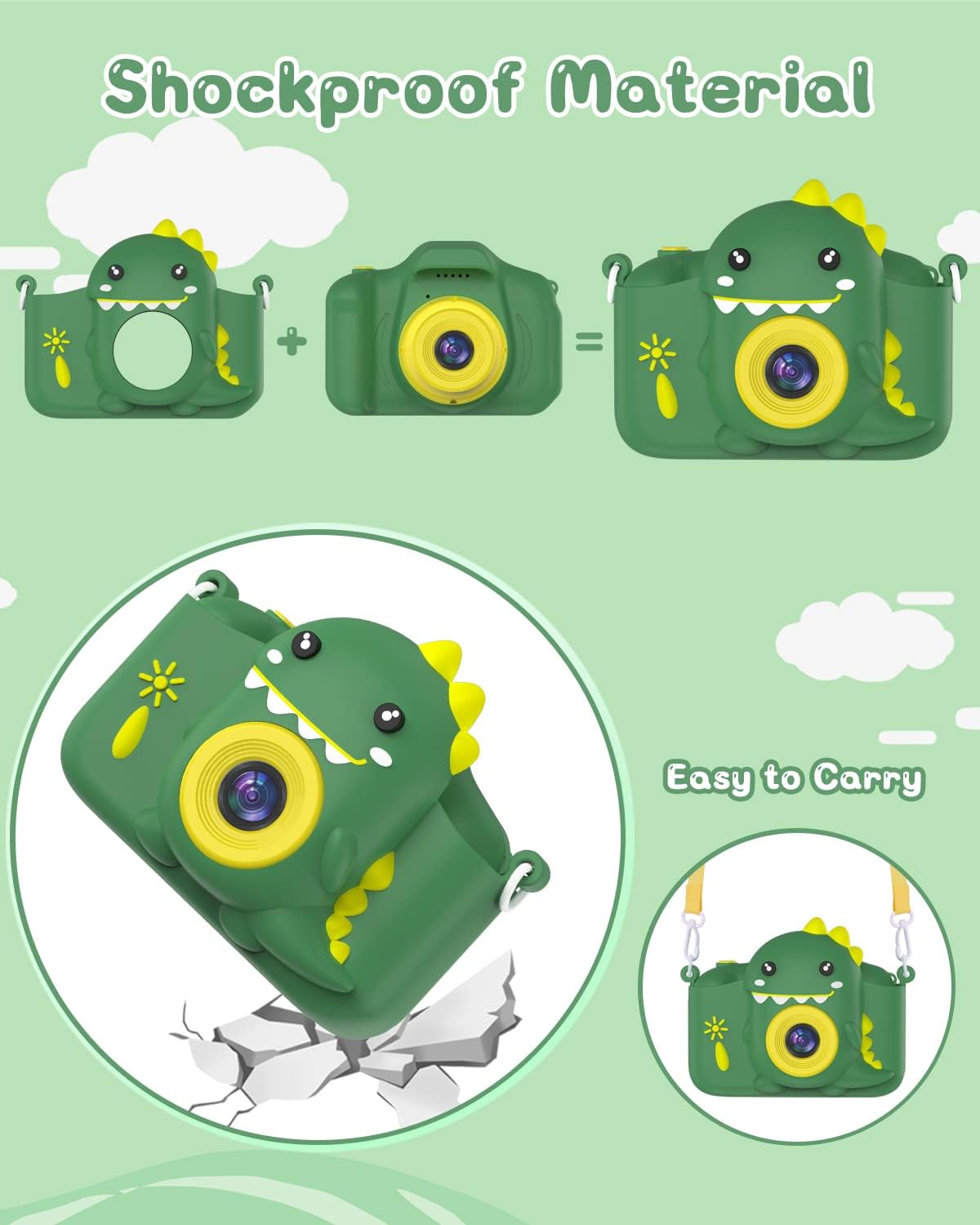 Kinderkamera, Gofunly Kinder Kamera 1080P 2,0-Zoll-Bildschirm Fotoapparat mit 32GB-Karte Selfie Digitalkamera Fotokamera für 3-12 Jahre Jungen und Mädchen Weihnachten Spielzeug - Grün Dinosaurier