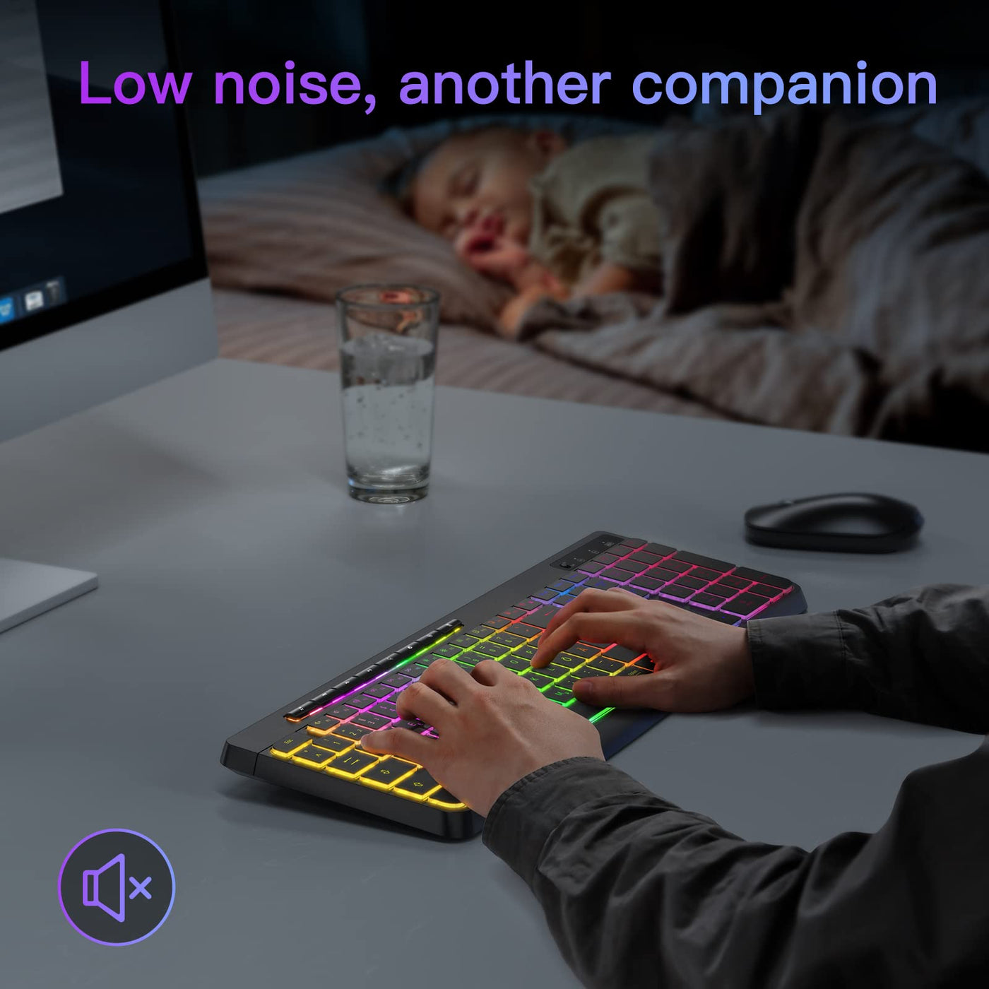 TECURS Tastatur Kabellose Gaming - Leise Tastatur QWERTZ Beleuchtet Ergonomisch Wasserdicht, 2.4Ghz Led Keyboard für Windows/Mac /PS4/ Xbox mit Multimedia-Tasten Schwarz