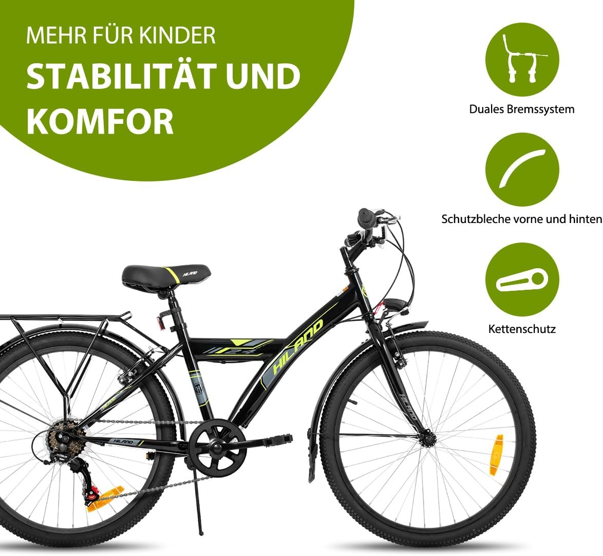 HILAND 24 Zoll Kinderfahrrad Mountainbike für Kinder Jungen Mädchen ab 7 8 9 10 11 Jahren mit 6 Gang Schaltung,Licht nach STVO, Ständer, Schwarz Fahrrad