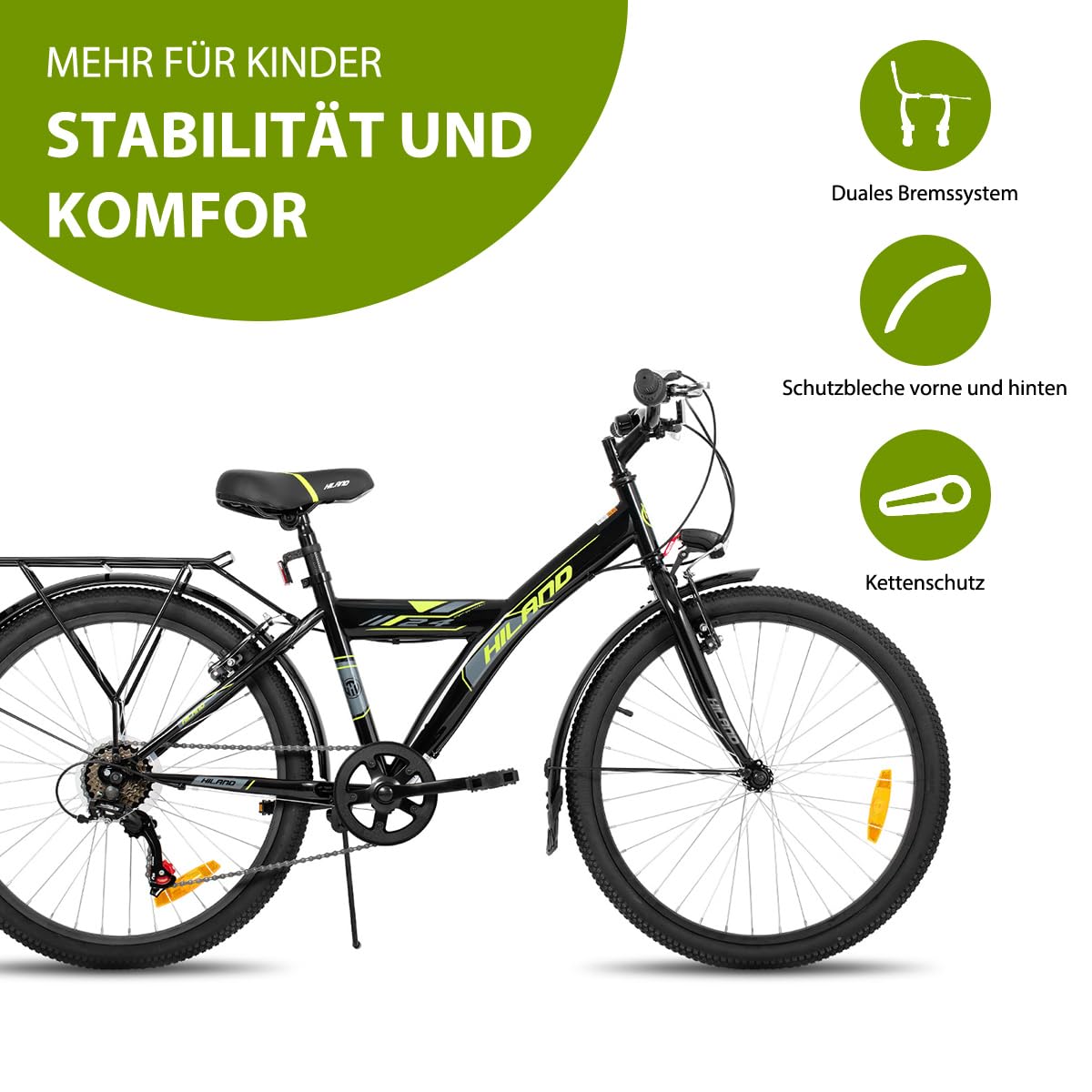 HILAND 24 Zoll Kinderfahrrad Mountainbike für Kinder Jungen Mädchen ab 7 8 9 10 11 Jahren mit 6 Gang Schaltung,Licht nach STVO, Ständer, Schwarz Fahrrad