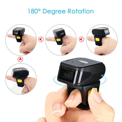 Tragbarer Ring 1D 2D QR-Barcode-Scanner, tragbarer drahtloser Finger-Mini-Barcode-Leser Kompatibel mit Windows, Mac OS, Android 4.0+, iOS-Unterstützung Scannen Sie QR PDF417 DataMatrix auf Bildschirm