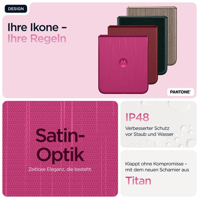 Motorola razr 60 Ultra Flip-Phone (6,96"-pOLED-Display/Robustes 4,0"-Außendisplay mit Gorilla Glass Ceramic, widerstandsfähig, wassergeschützt, 50-MP-Moto-AI-Kamera, 16/512 GB) Pantone Cabaret
