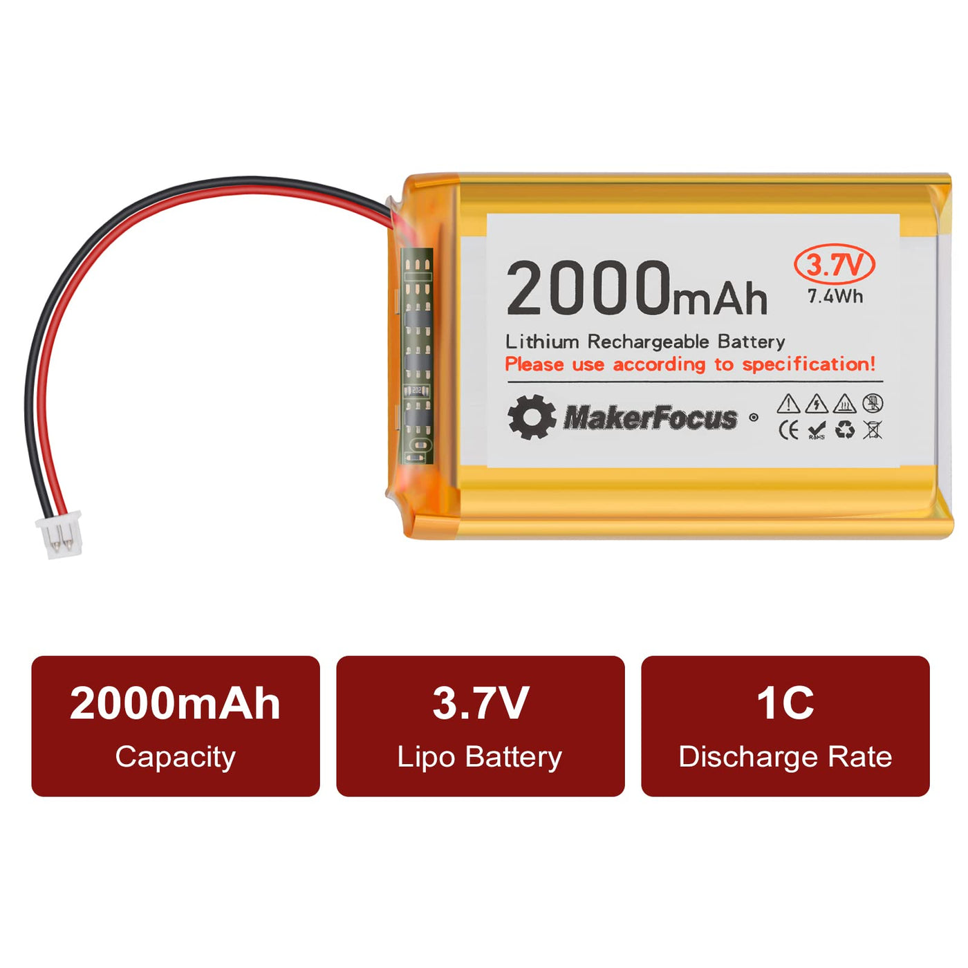 Seamuing 4 Stück 3,7V 2000mAh Lithium Batterie 1S 1C LiPo Akku mit Schutzplatine, Isolierband und Micro JST 1.25-Stecker für Arduino, ESP32-Entwicklungsplatine