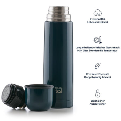 Blumtal® Thermosflasche 1L - BPA-freie Thermoskanne für warm&kalt - auslaufsichere Isolierflasche 1000ml aus Edelstahl rostfrei - Thermoskanne mit Becher - Isolierkanne 1L - Thermokanne - Dunkelgrün