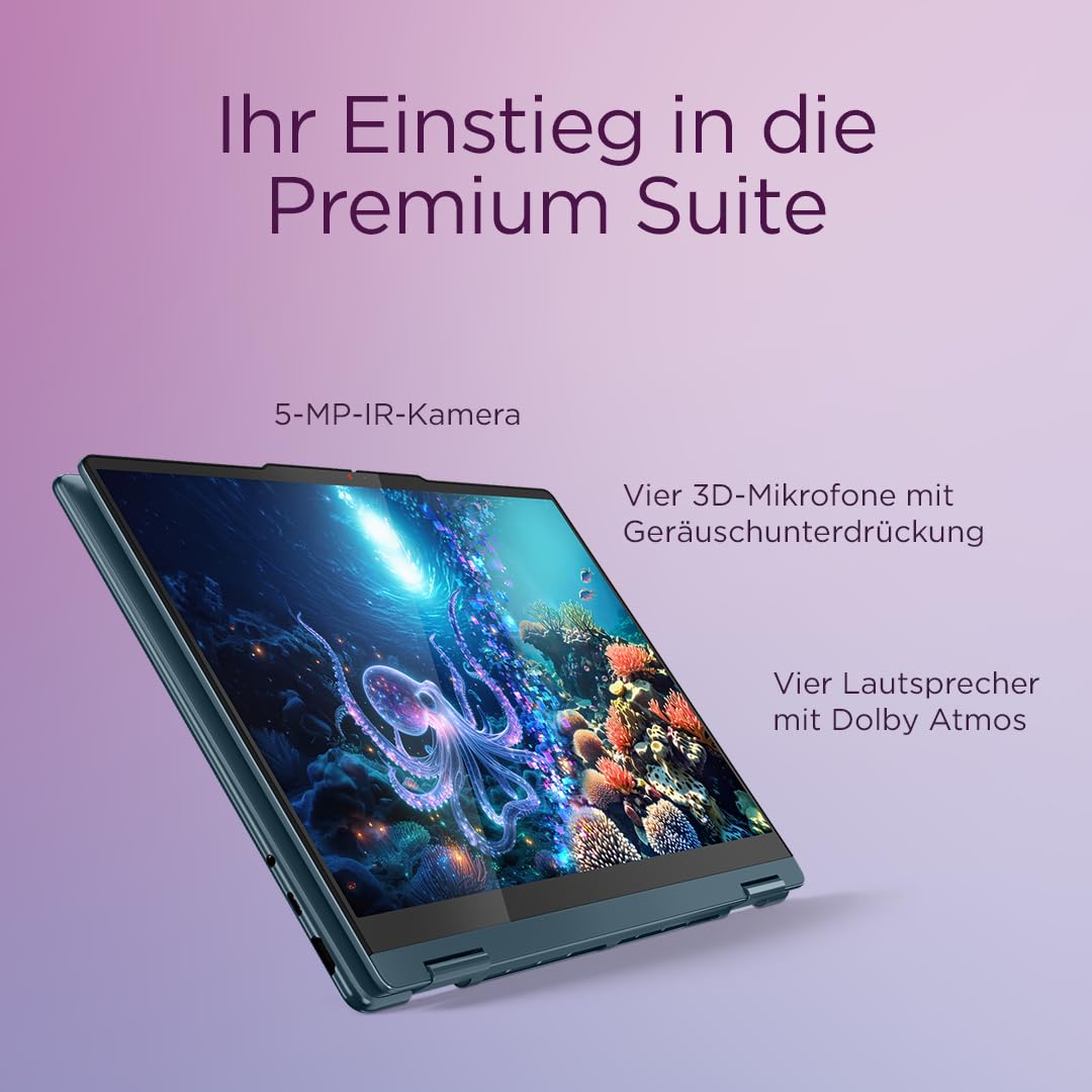 Lenovo Yoga 7 2-in-1 Laptop | Copilot+ PC | 14" WUXGA OLED Display | AMD Ryzen AI 5 | AMD Radeon Grafik | 16GB RAM | 512GB SSD | Win11 | QWERTZ | Tidal Teal | Inkl. Pen | 3 Monate Premium Care