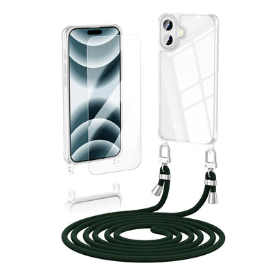 Anshow Verbesserte Handykette für iPhone 16 Plus Hülle mit Band + 1 Schutzfolie, Necklace Stoßfest Handyhülle iPhone 16 Plus Case Transparent Schutzhülle zum Umhängeband Abnehmbar, Dunkelgrün
